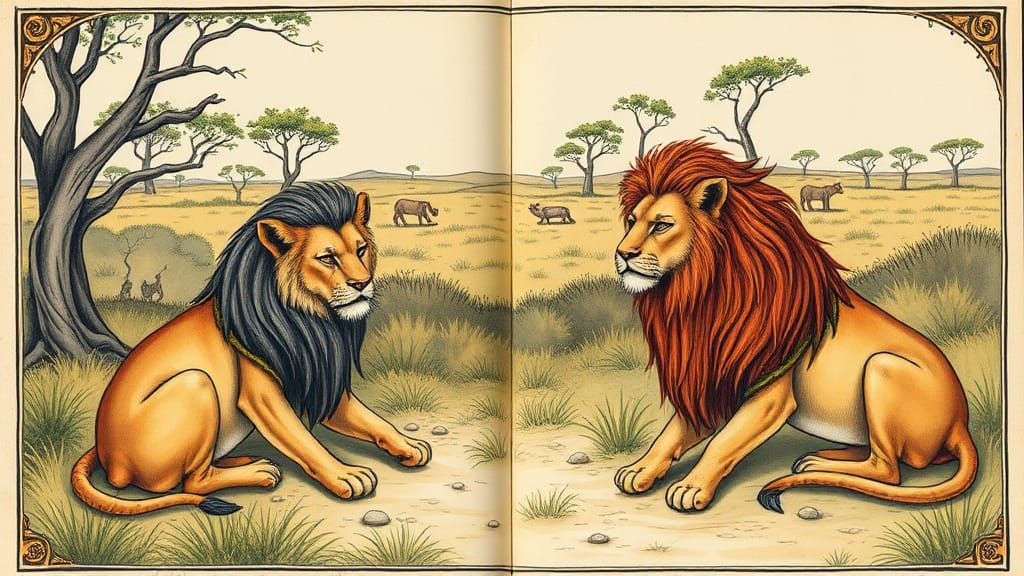 Illustrated Savanna Lions in Watercolor Style