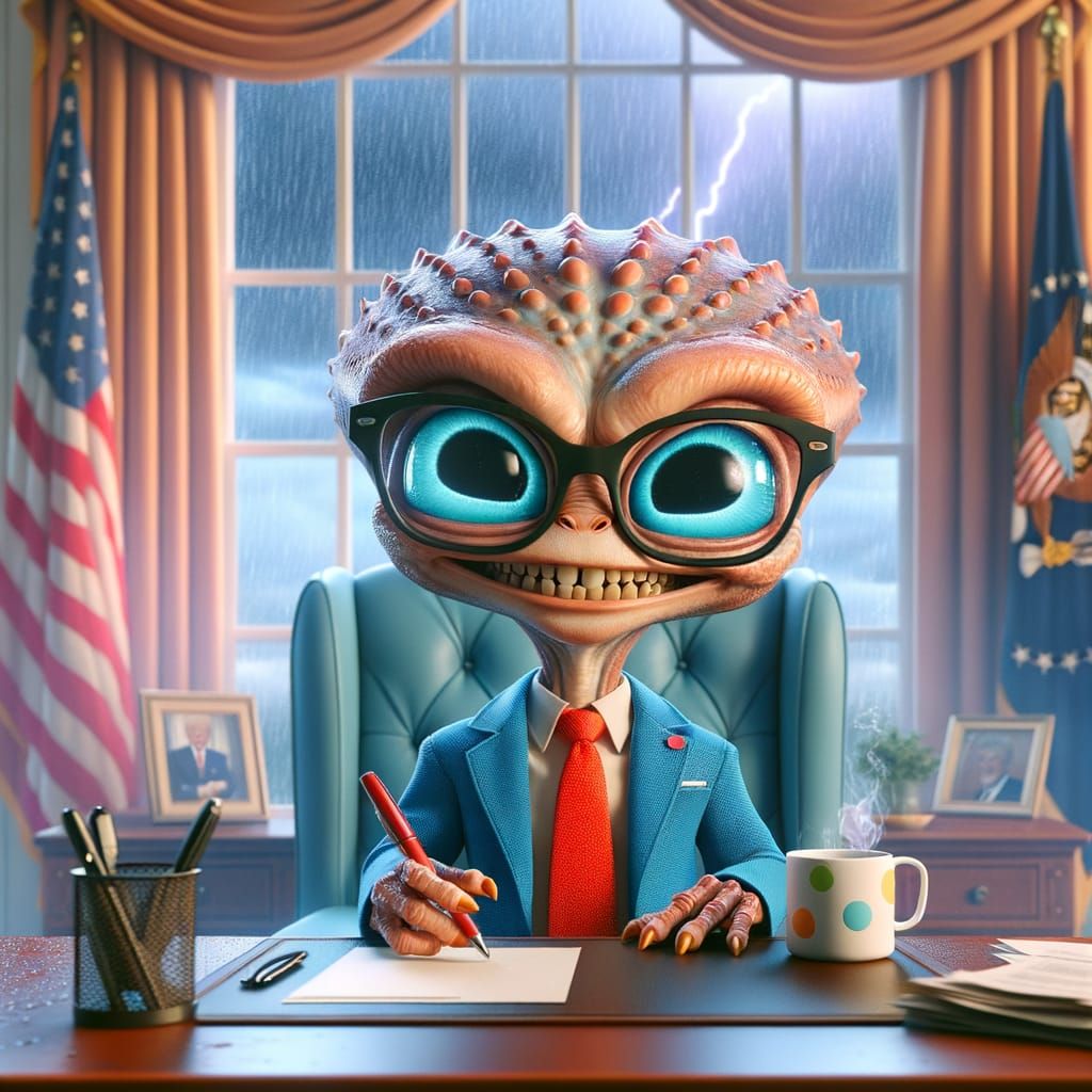 Cartoon Alien President in Oval Office