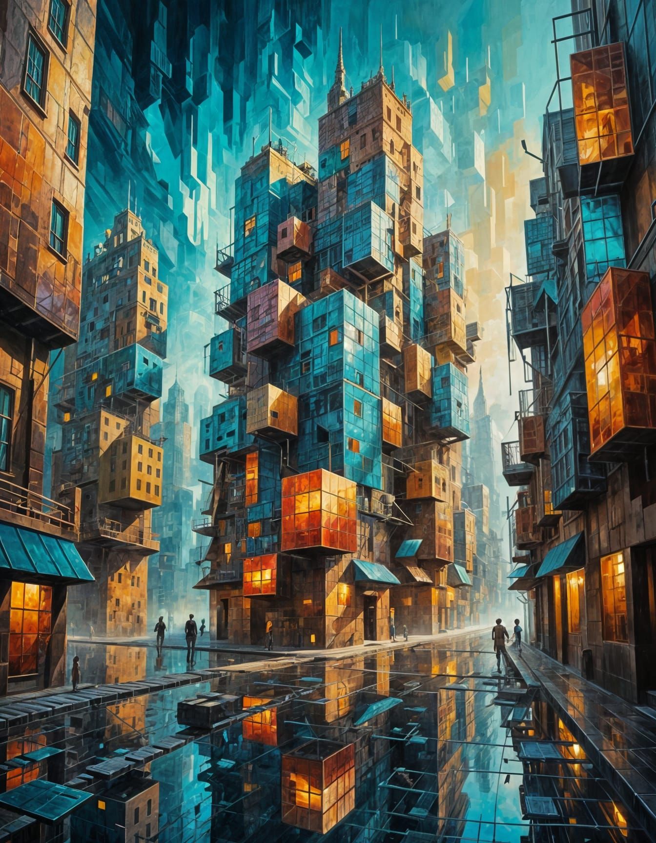 City of Cubes in Vibrant Surrealist Style