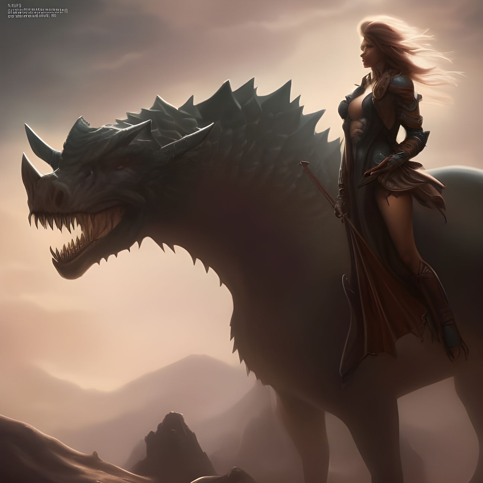 Fantasy Girl Riding Dinosaur in Dark Horror Art