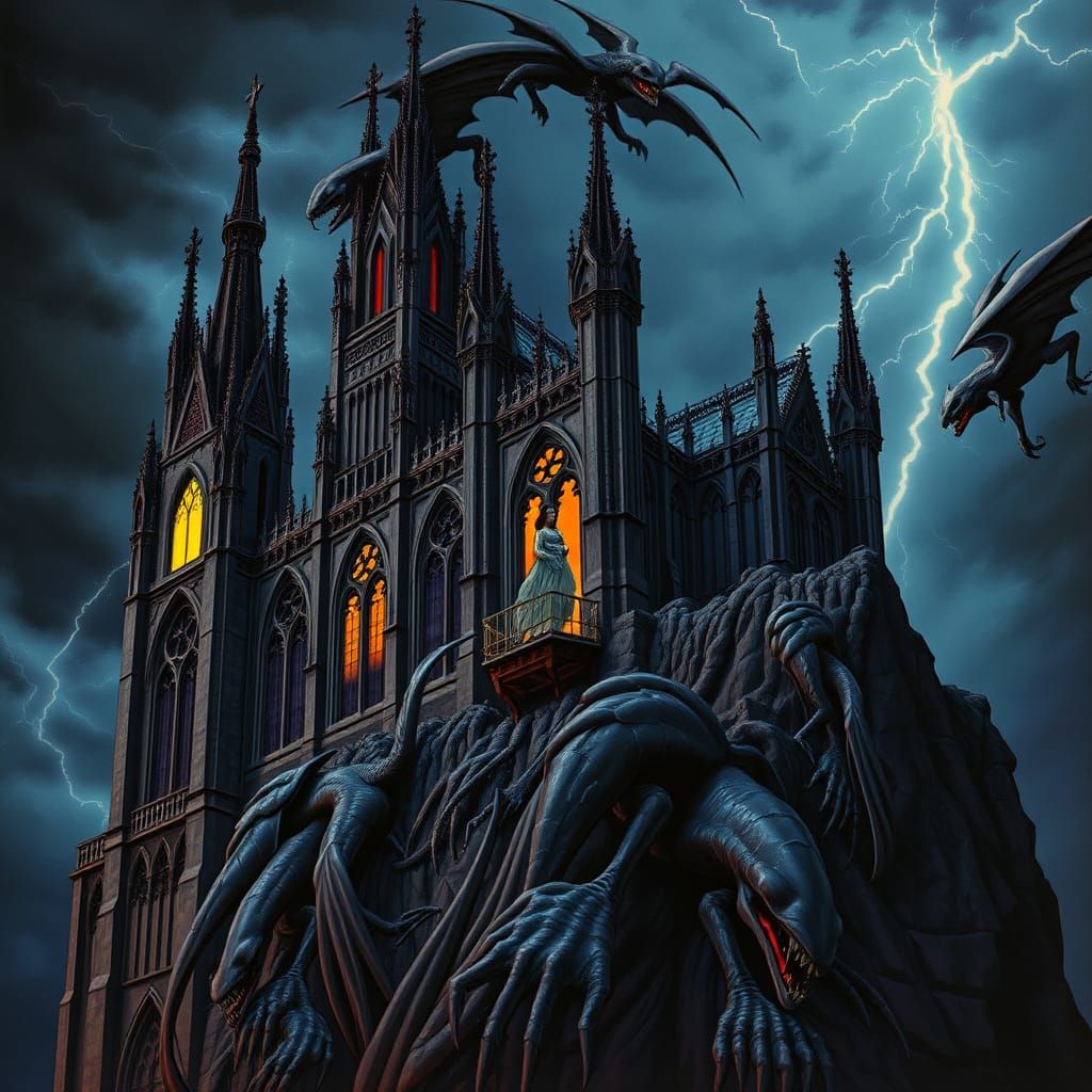 Gothic Cathedral on Cliff's Edge, Stormy Sky with Gargoyles