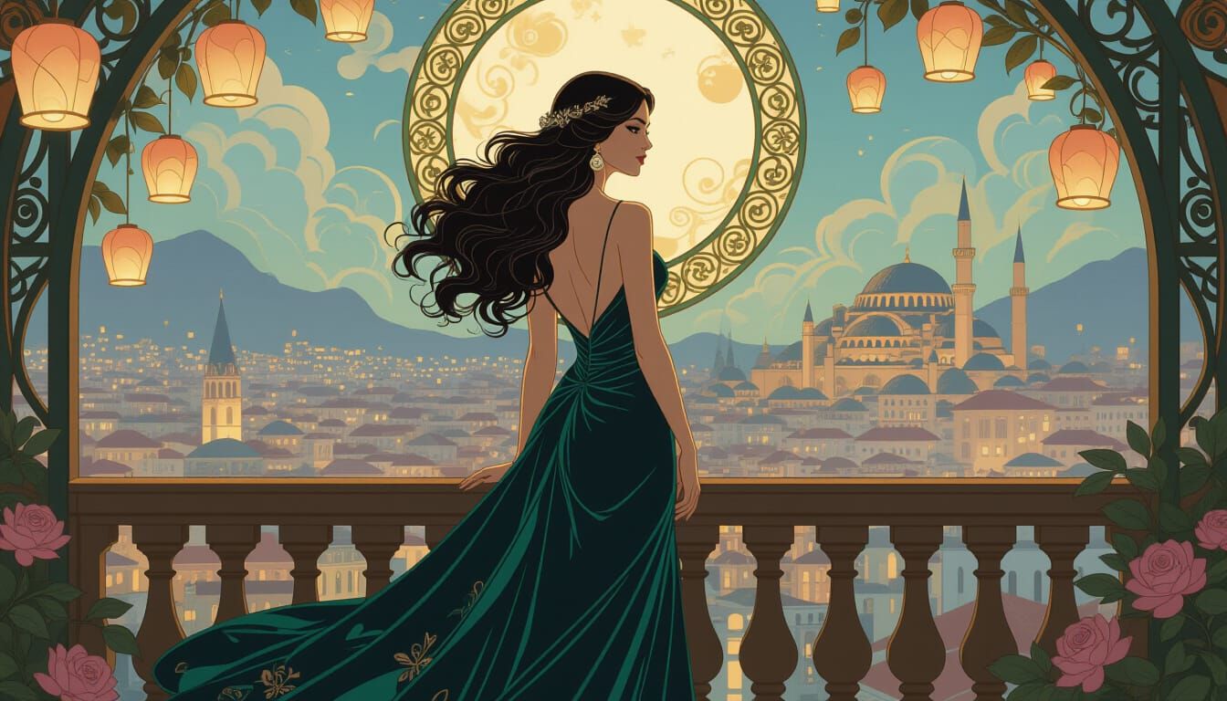 Art Nouveau Emerald Gown Overlooking City