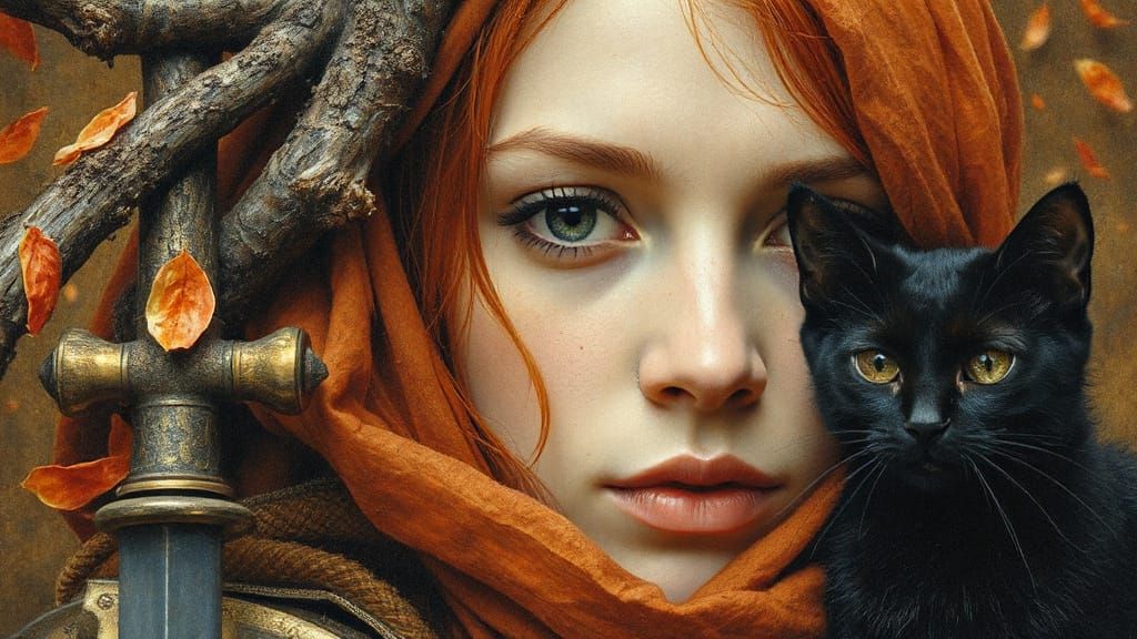 Crimson Haired Battle Maiden Amidst Showering Petals