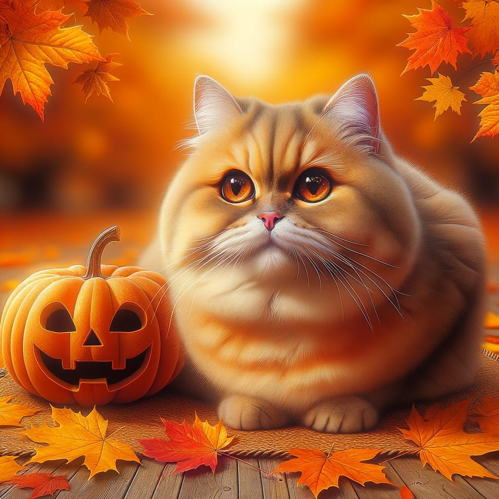 Adorable Cat in October Autumn Scene