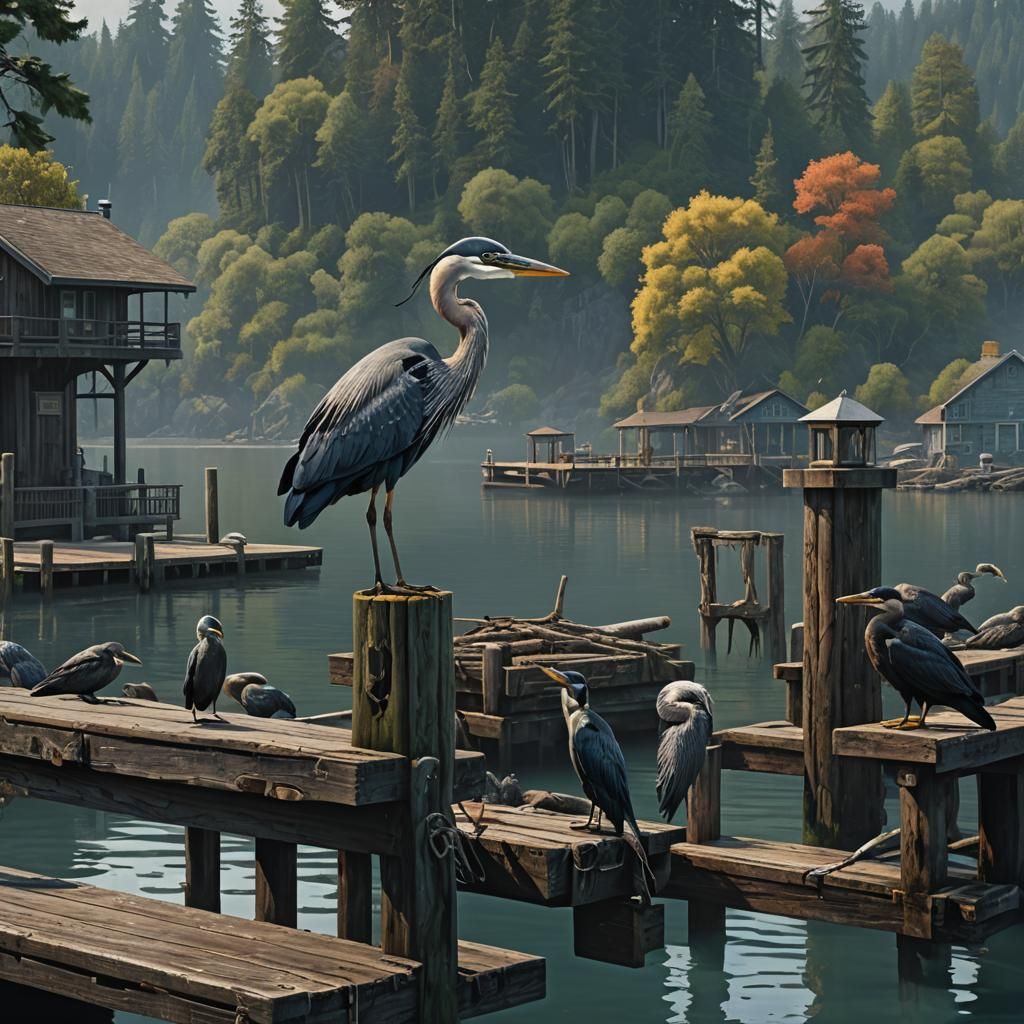 Herons and Cormorants: Pacific Northwest Matte Painting