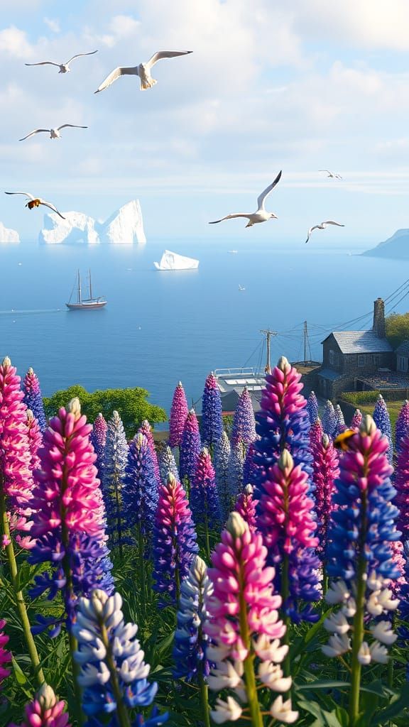 Wonderful field of various color lupine, with bumblebees & a hill to harbour & huge ocean & Icebergs beyond. 🩷💙💜
