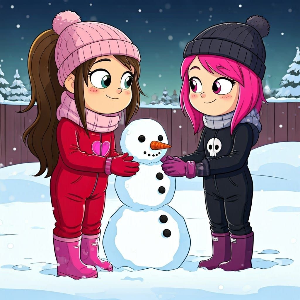 Girls Building a Snowman in Winter Garden
