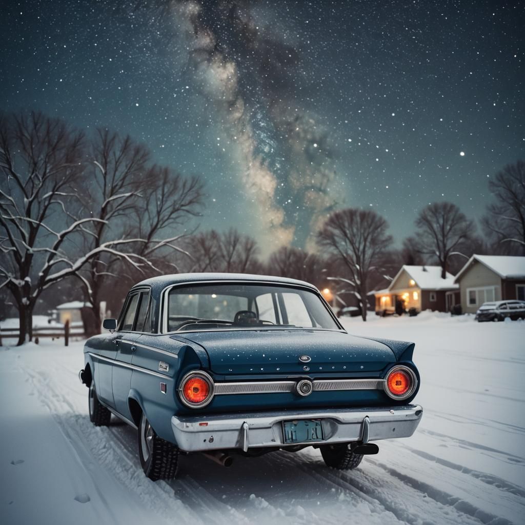 1960 Ford Falcon Under Starry Sky in Snow