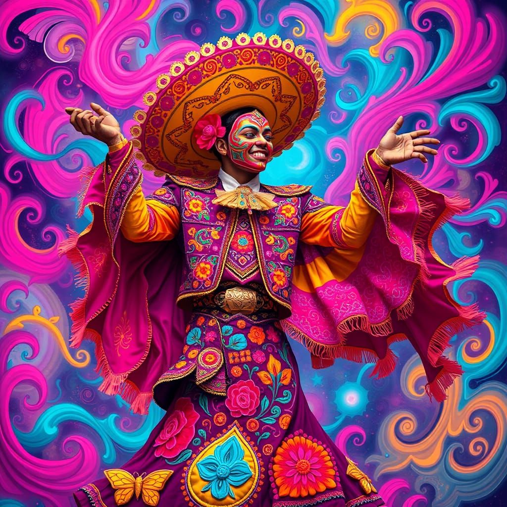 Psychedelic Tapatio Dancer in Mexican Muralism Style