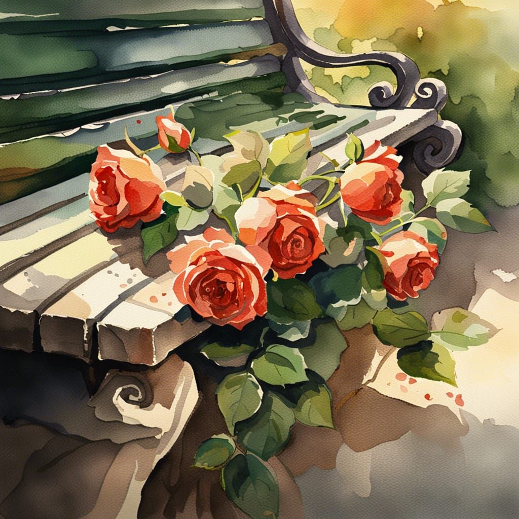 Red Roses on Stone Bench in Watercolour Style
