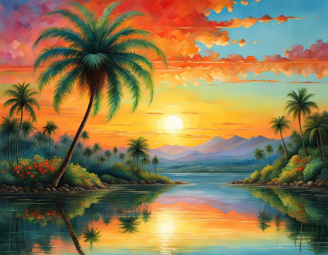 Palm Tree Sunset: Whimsical Pixel-Art Illustration
