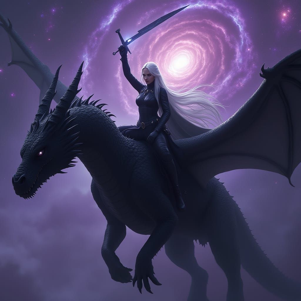 Woman Rider on Black Dragon with Purple Runes