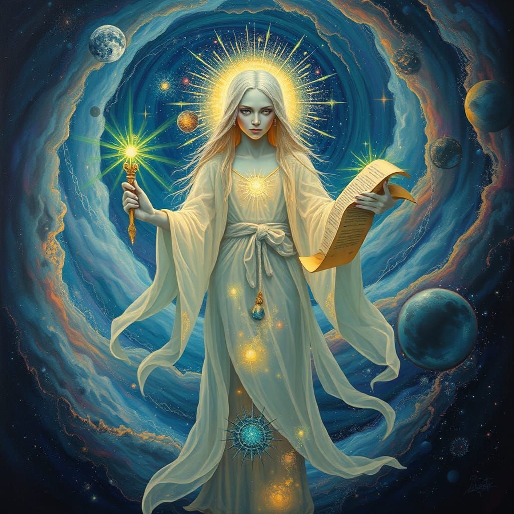 Ethereal Cosmic Being in a Swirling Galaxy