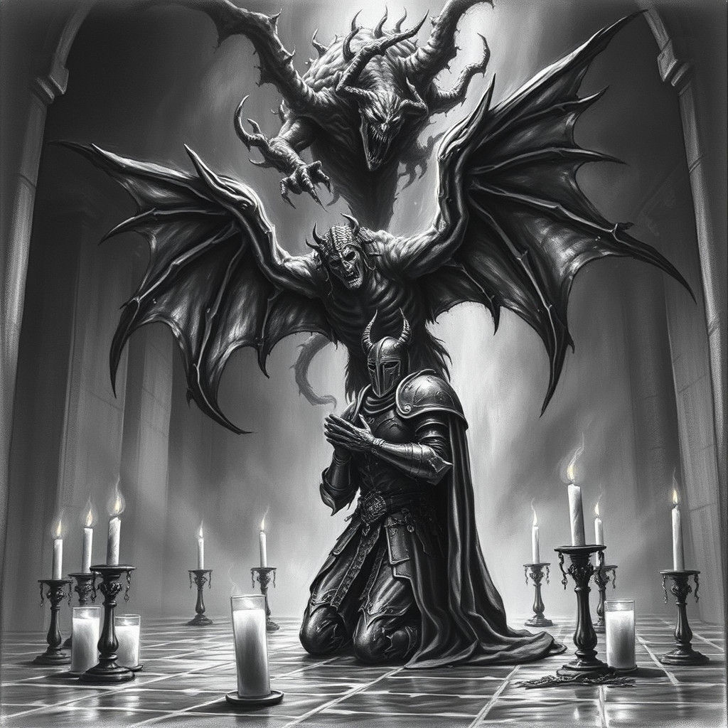 Knight in Desperate Prayer Before a Winged Demon