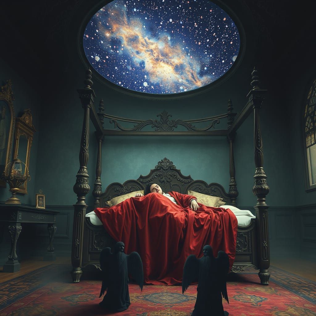 Dreamlike Gothic Bedroom with Starry Sky