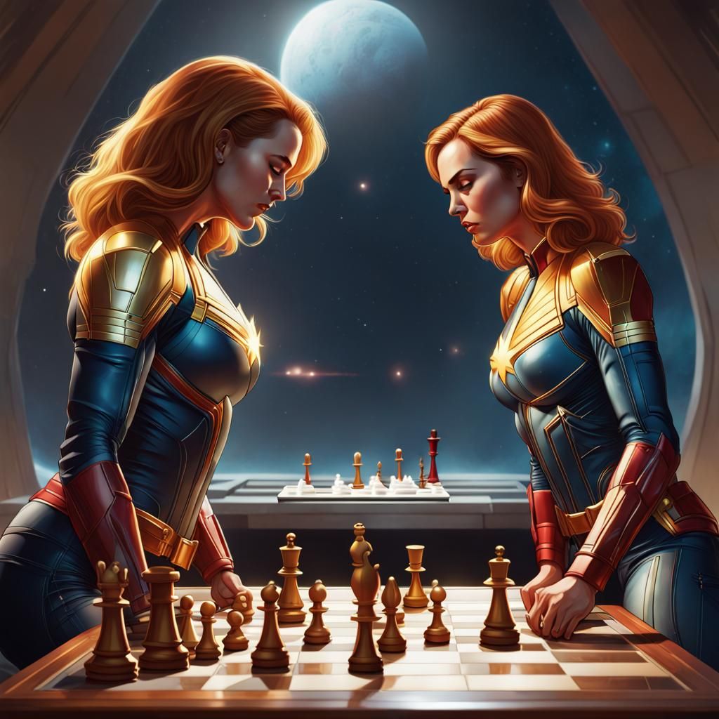 Captain Marvel and her variant play chess in space