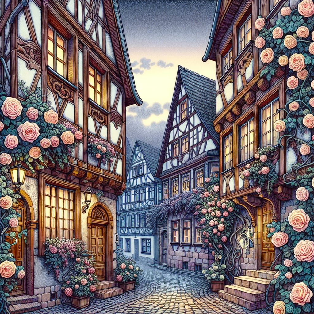 Charming Medieval Alley with Roses in Watercolor Style