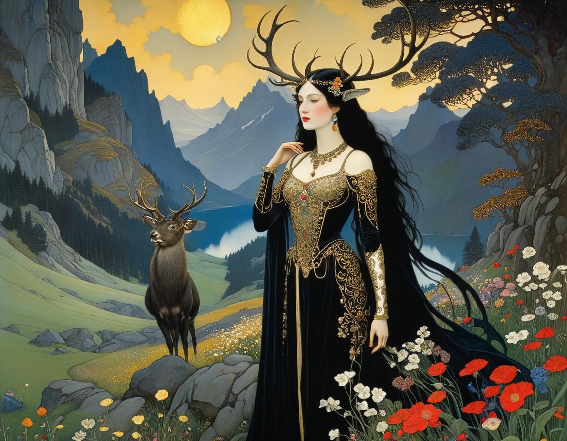 Woman with Antlers in Alpine Meadow, Golden Age Illustration