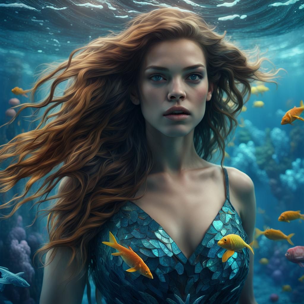 Underwater Mosaic Scene of Woman Walking