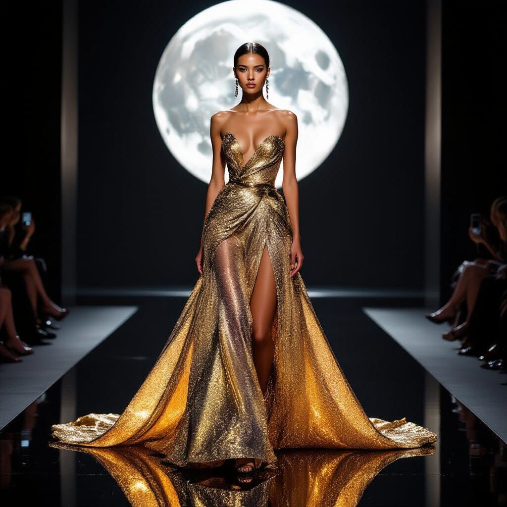 Haute Couture Gown of Gold and Moonlight on Reflective Runwa...