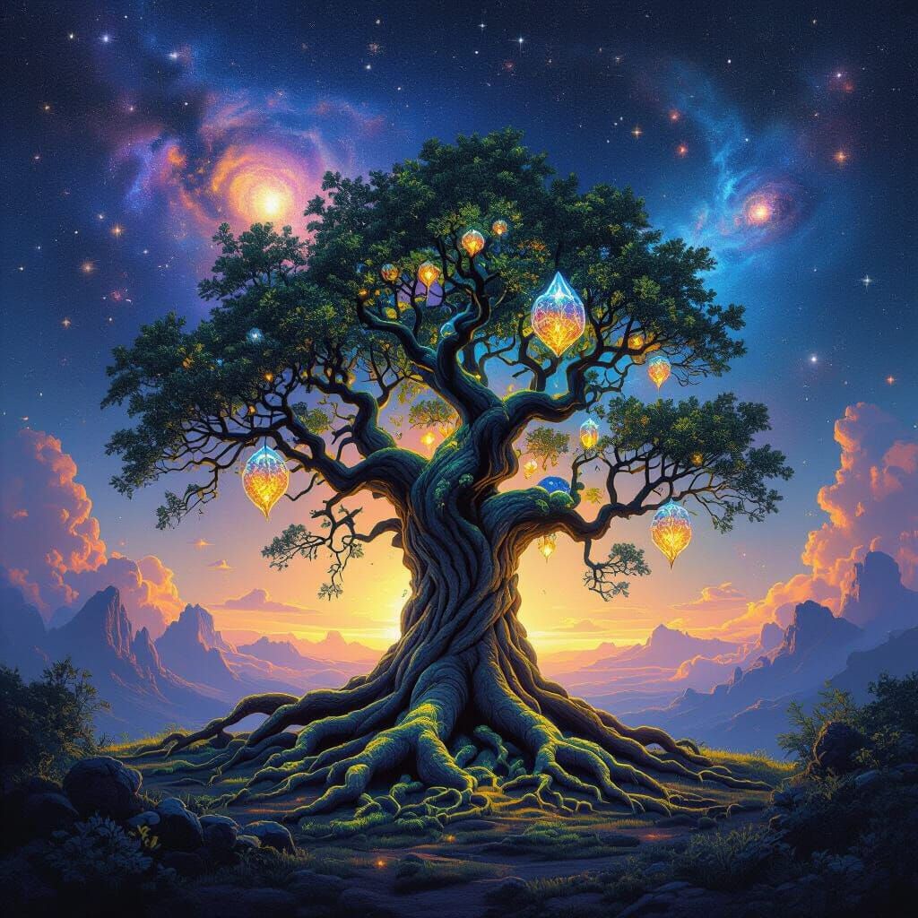Cosmic Ancient Tree with Nebula Sky in Fantasy Style