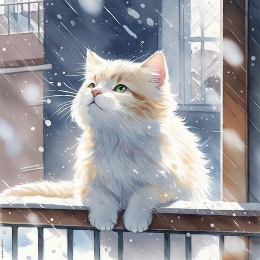 Anime Kitty Plays in Winter Snowflakes