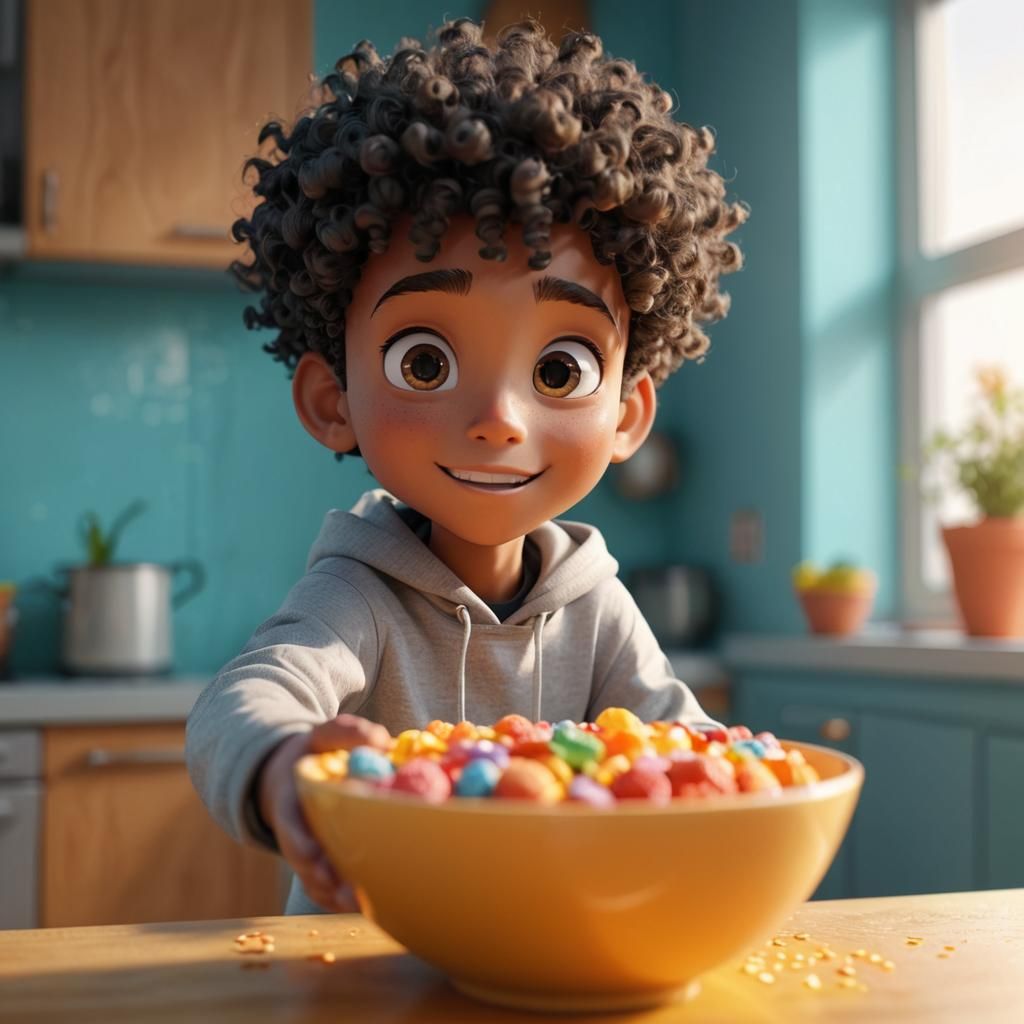 Anime Boy Reaching for Cereal in Modern Kitchen