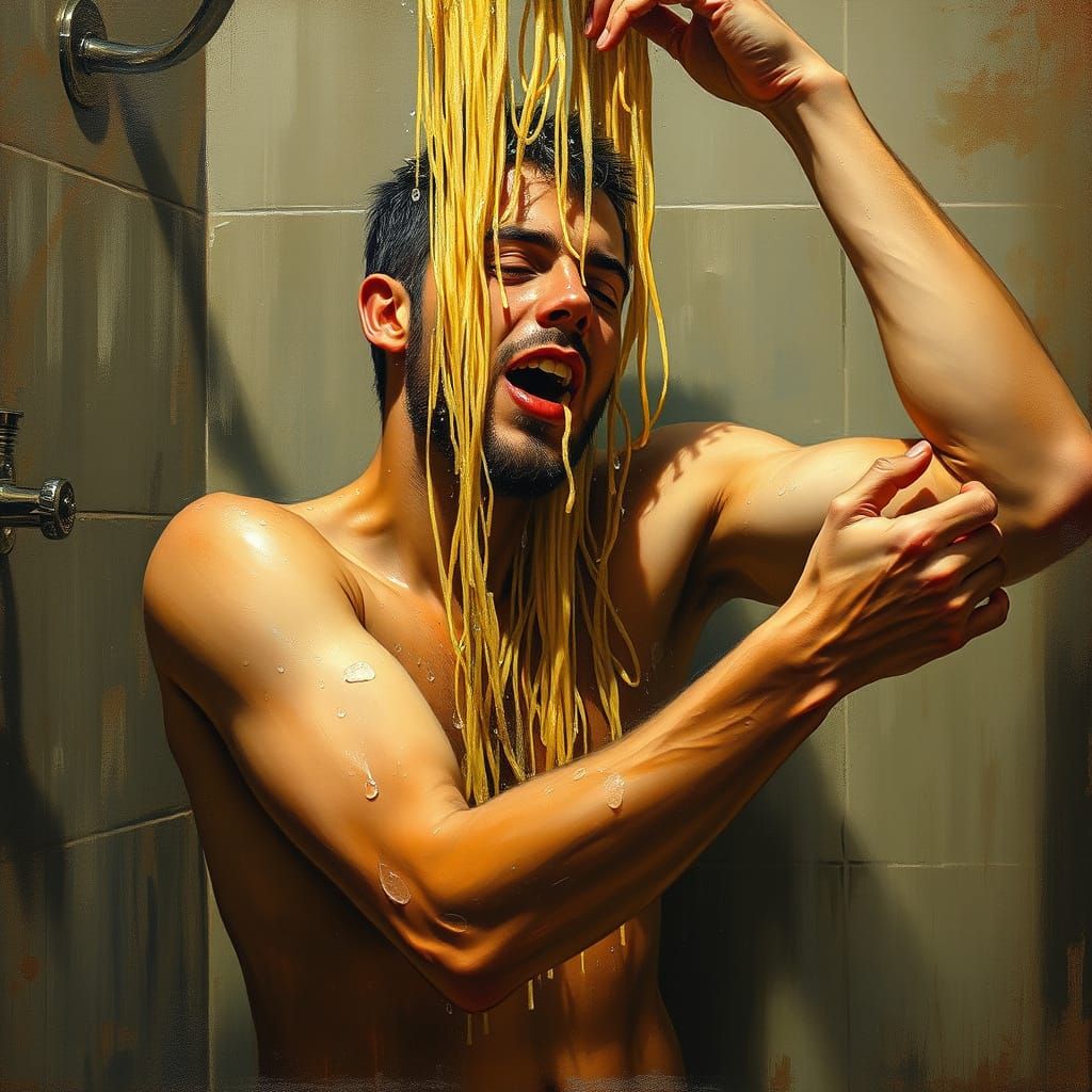 Man Taking a Spaghetti Shower Painting