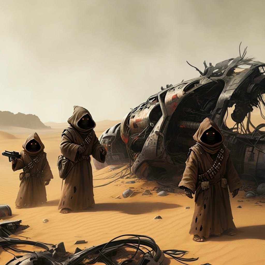 Jawas Scavenging Terminator Wreckage in Desolate Desert