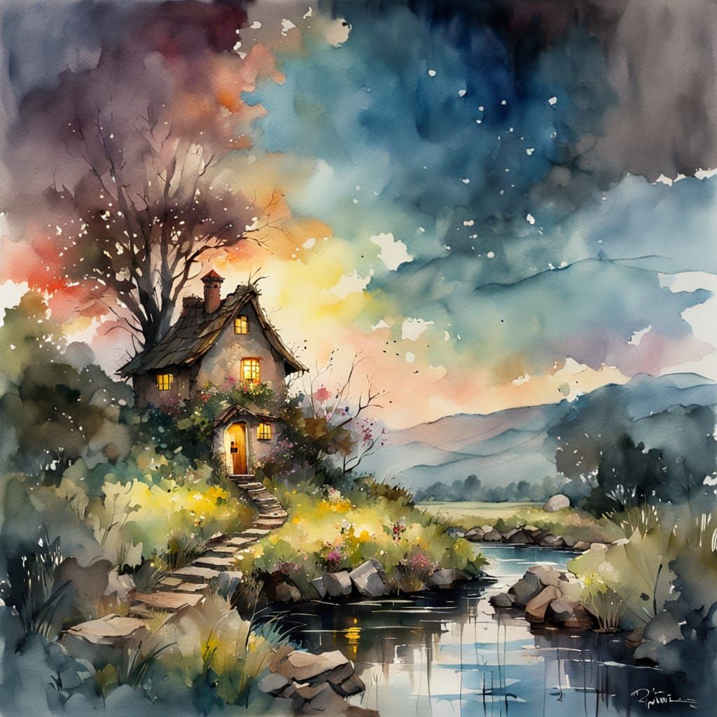 Enchanted Watercolor Fairy House Amidst a Sunset Glow