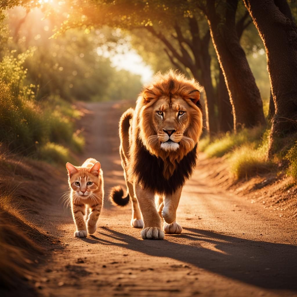 Ginger Cat and Lion Walking at Sunset