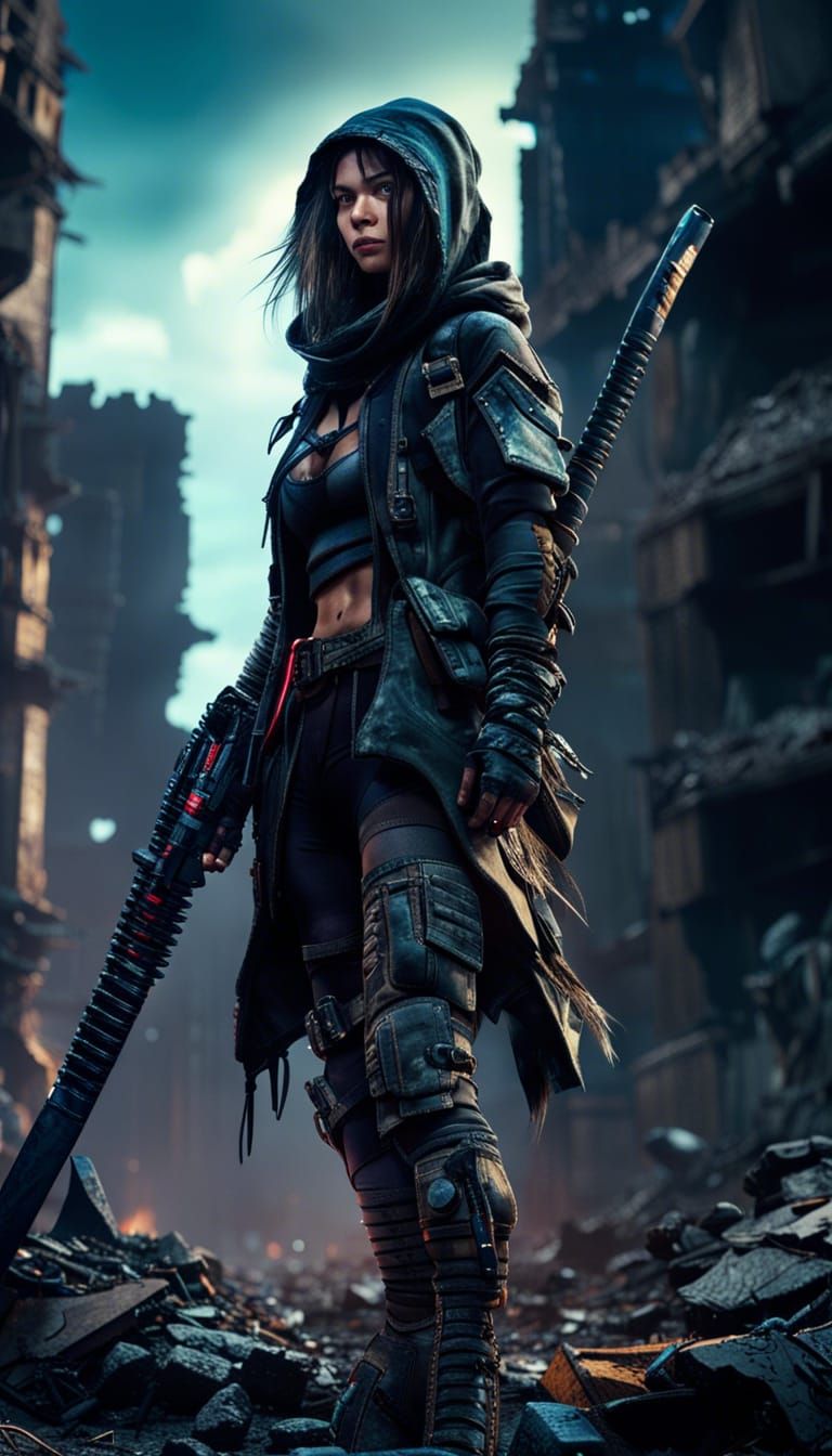 Cyberpunk Survivor in Ruined City with Katana