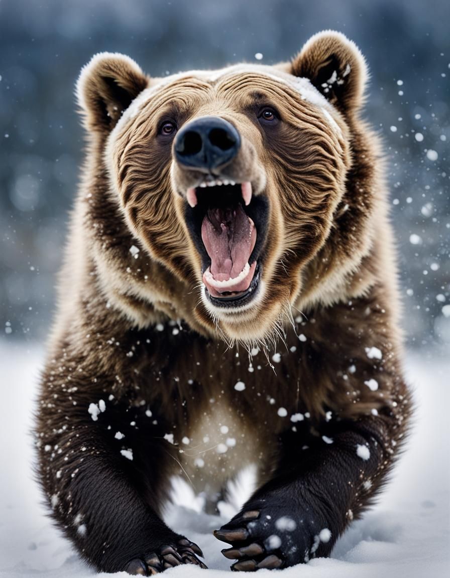 Grizzly Cub Laughing in Snow: Professional Portrait