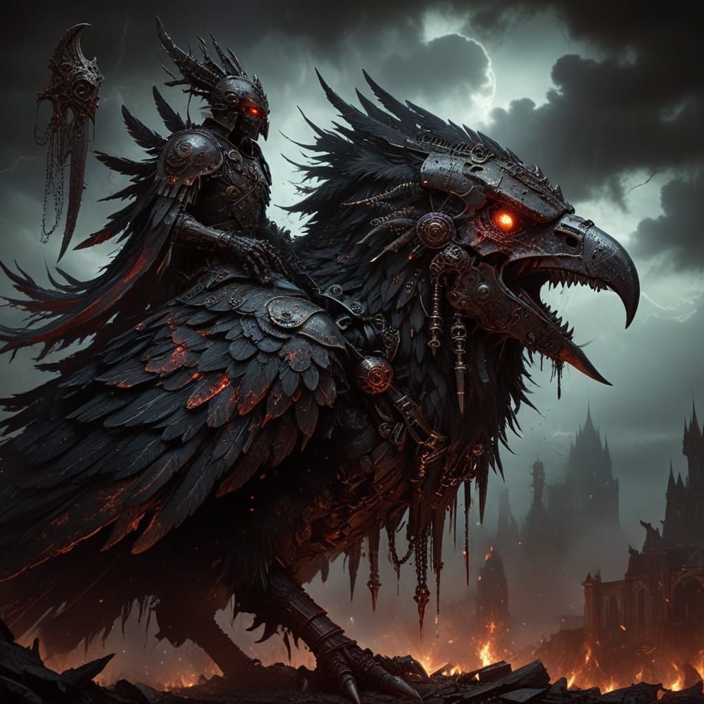 Demonic Warrior Rides Mechanical Bird in Ruined City
