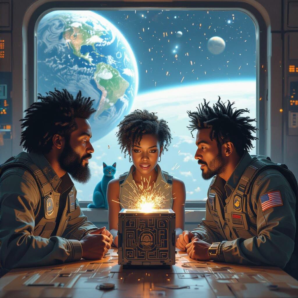 Astronauts Discovering Space Cube in Sci-Fi Style