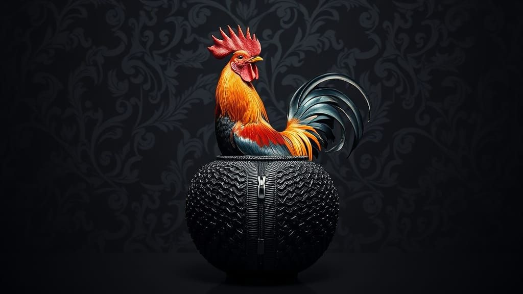 Ornate Black Zipper Vase with Rooster