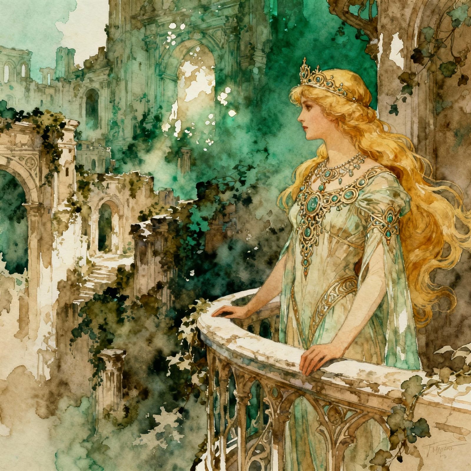 Regal Princess in Art Nouveau Jewelry Overlooking Ancient Ci...