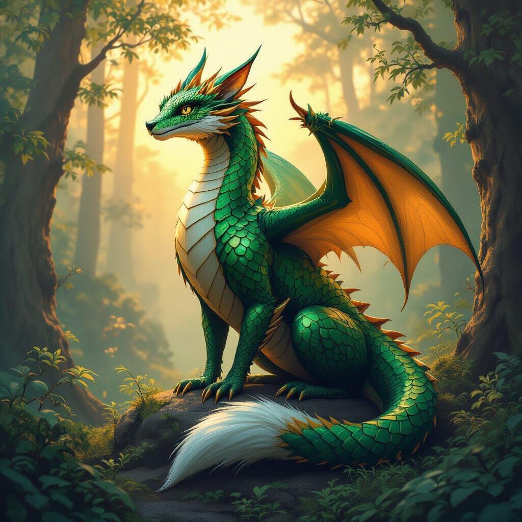 Emerald Dragon Perched in Mystical Golden Forest
