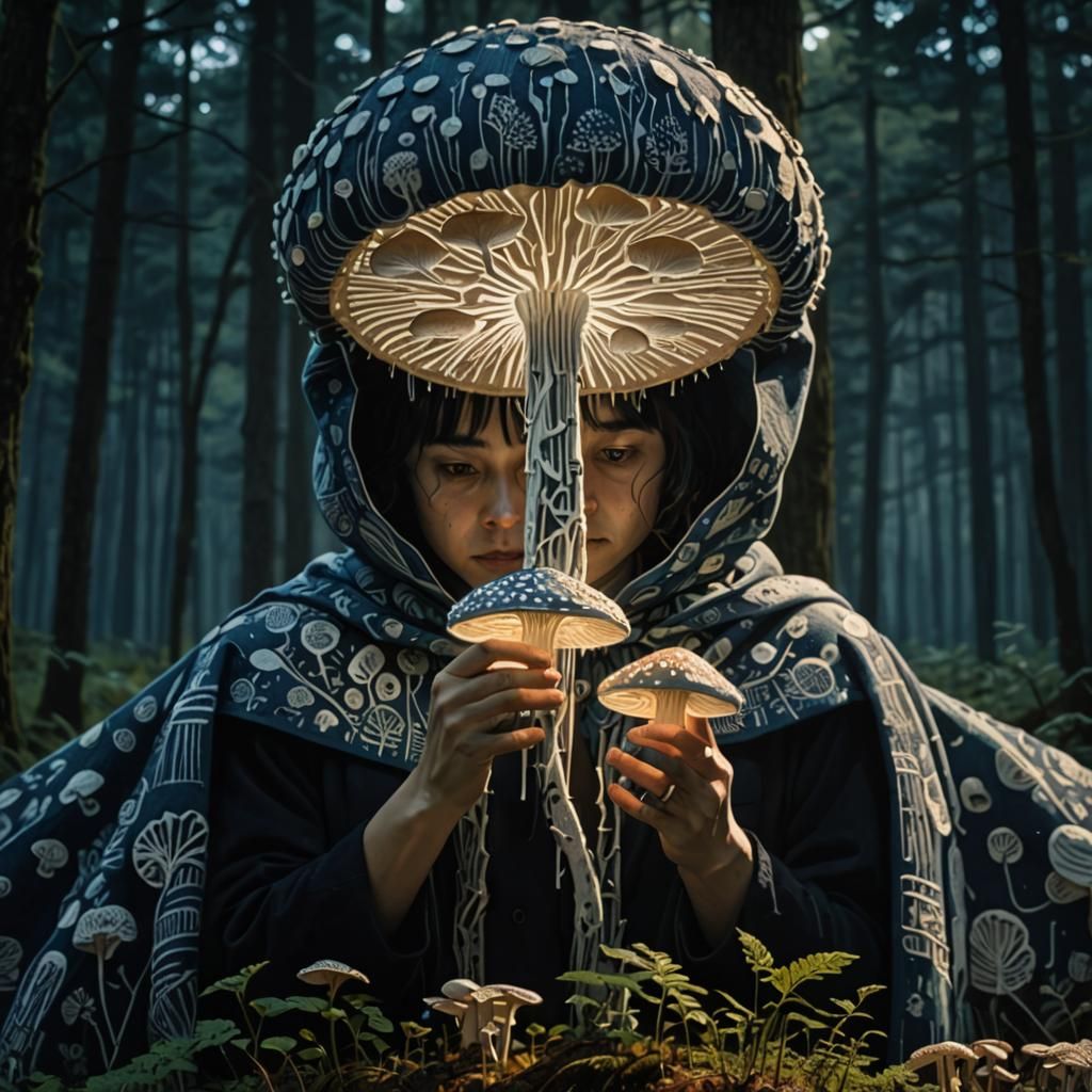 Activists Tending Glowing Mushrooms in Linocut Style