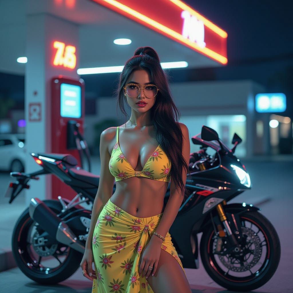 Victorious Woman Beside Superbike at Neon Gas Station