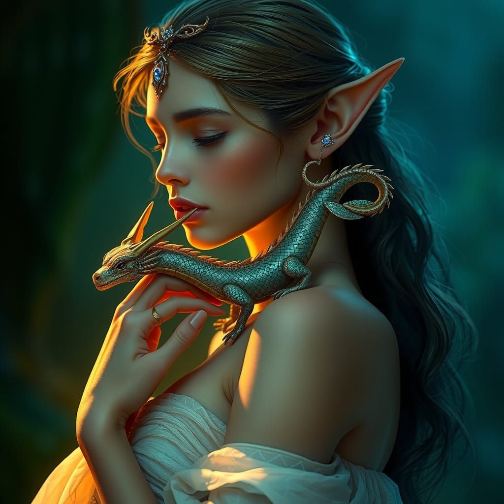Elf with Dragon in Science Fiction Style