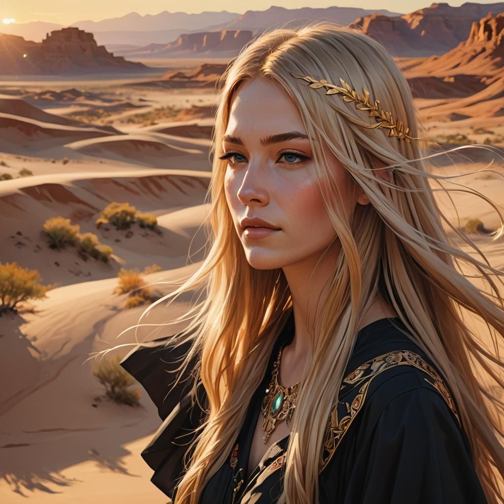 Golden-Haired Girl in Desert, Digital Art Style