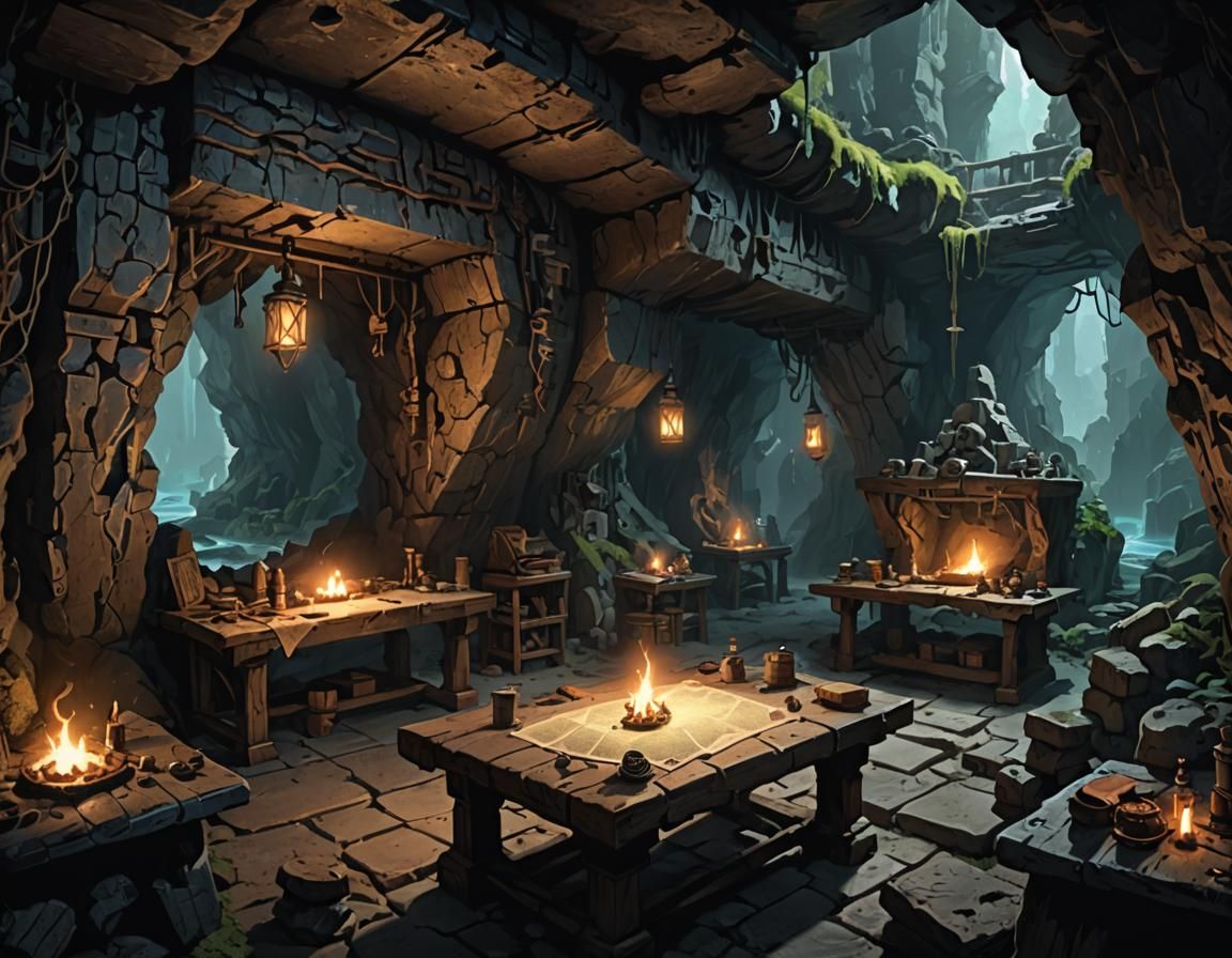 Medieval Cliffside Cave Lair with Bioluminescent Fungi