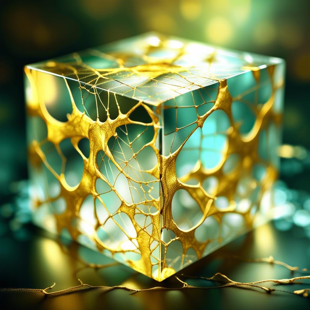 Cracked Glass Cube with Gold Fractal Spiderwebs