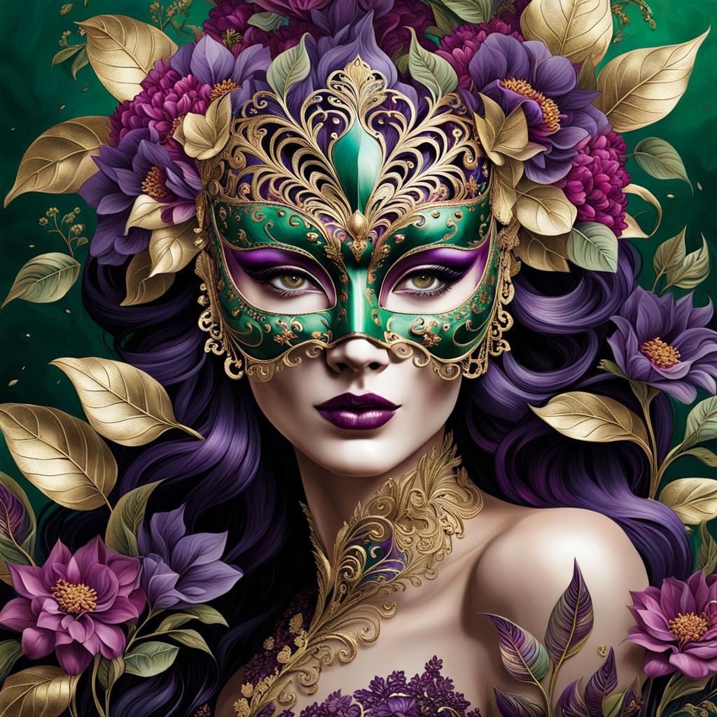 Venetian Masked Woman in Opulent Floral Setting