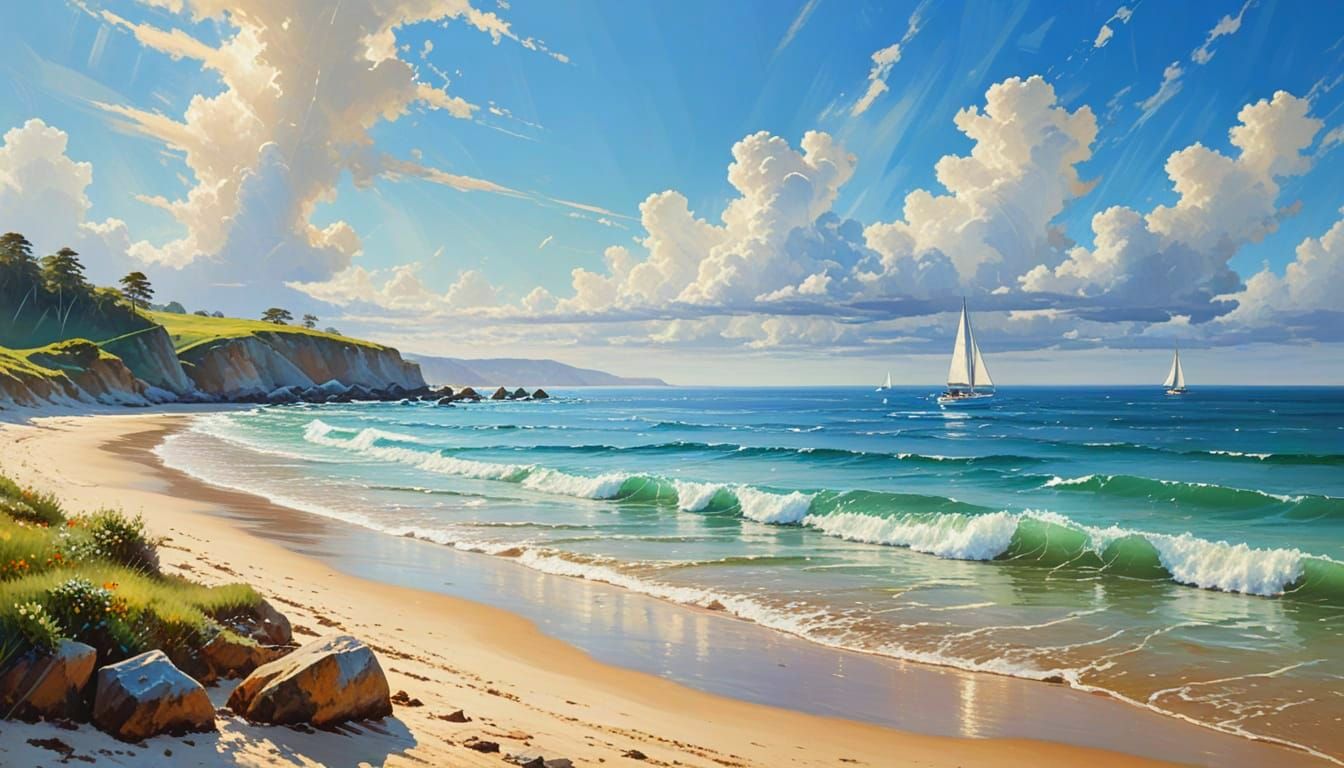 Azure Seascape with Sailboat as Impressionist Painting