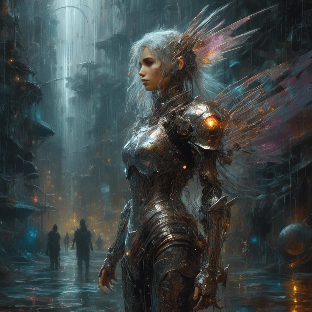 Cyber Elf Woman in Rain, Digital Art
