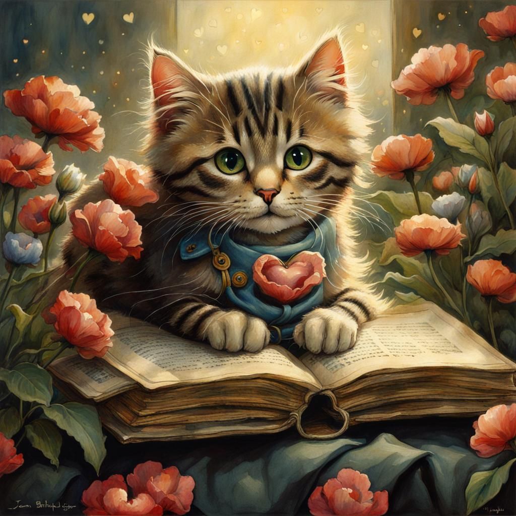 Cute Cat Surrounded by Flowers, Fantasy Art