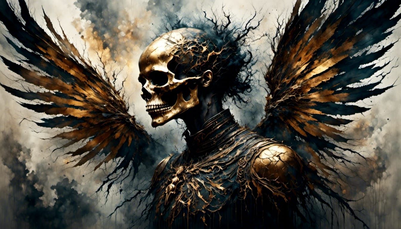 Golden King Skull with Valkyrie Wings in Dark Fantasy