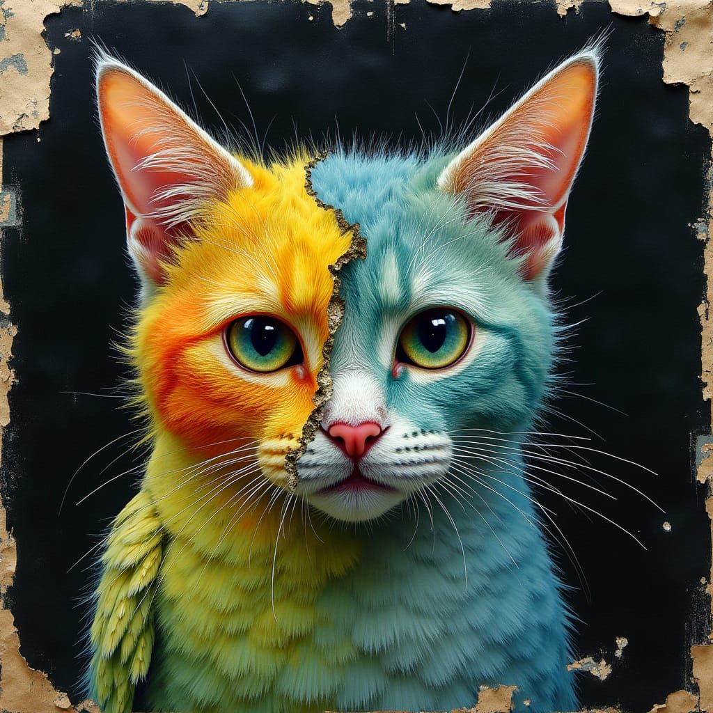 Surreal Catbird Hybrid Collage in Jewel Tones